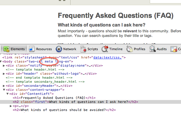 Stock FAQ page in web inspector with <code>meta</code> CSS class in <code>&lt;body&gt;</code> tag called out