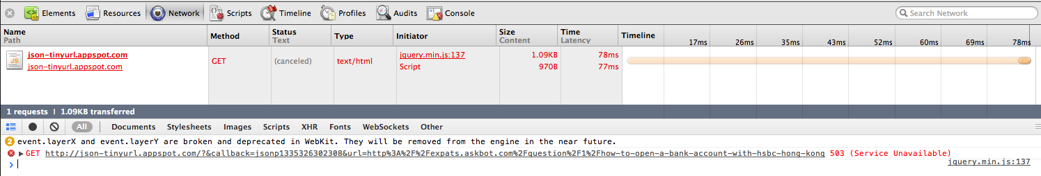 Screen shot of web inspector indicating that the request to json-tinyurl.appspot.com was returning a 503.