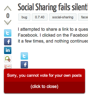 Screenshot of question voting controls with error displayed:  "Sorry, you cannot vote for your own posts"