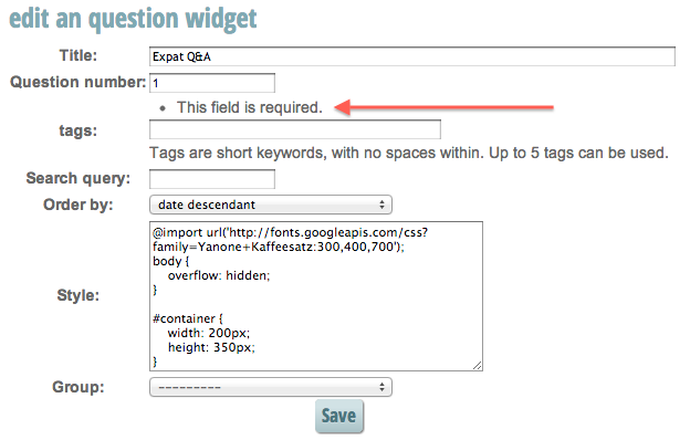 "edit an question widget" showing Tags field is required.