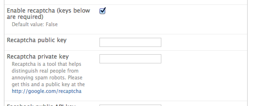 reCAPTCHA admin with enabled checkbox checked but no public/private key provided.