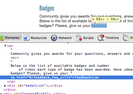 Link to feedback form on the badges page with unparsed %(feedback_faq_url) token in href attribute.
