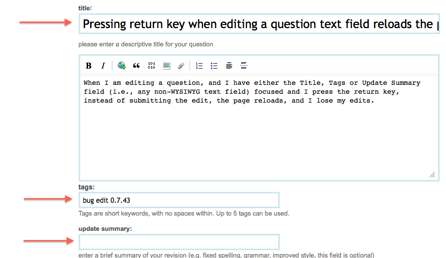 Screenshot of question edit with problematic fields indicated