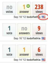 Screenshot of questions list with US flag appearing next to my username